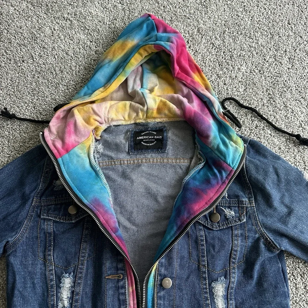 American Bazi Hooded‎ Denim women Jacket With Tie-Dye Trim cropped distressed